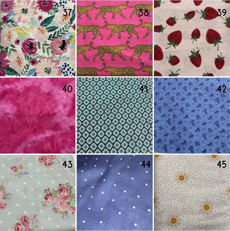 May include: A grid of nine fabric swatches labelled 37 through 45. Patterns include floral prints, cheetahs on pink, strawberries on white, hot pink faux fur, geometric shapes, blue floral, roses on polka dots, blue polka dots, and daisies with suns.