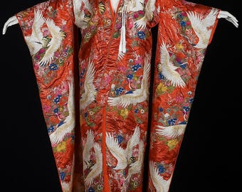 Vintage Red Silk Kimono: Gold Cranes Wedding Robe, Stuffed Hem