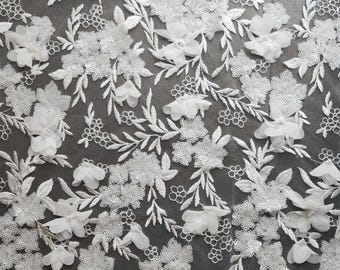 Sheer White Mesh with 3D flowers and sequins