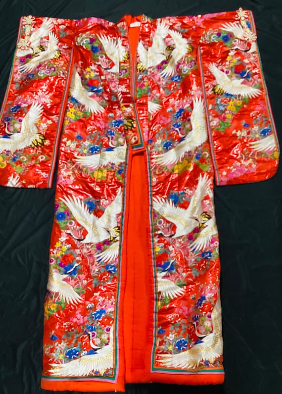 Vintage Japanese Kimono Wedding Red Gold Cranes Fl