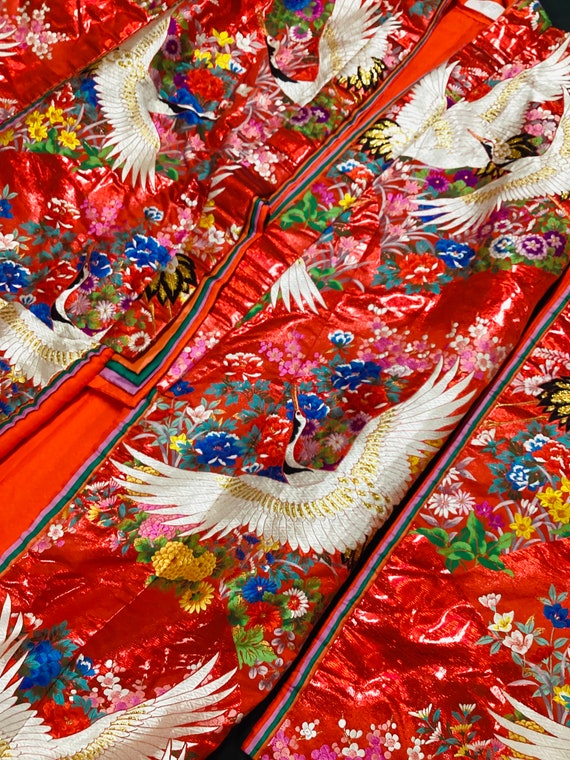 Vintage Japanese Kimono Wedding Red Gold Cranes F… - image 2