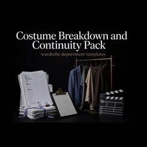 Könnte beinhalten: Ein Costume Breakdown and Continuity Pack Vorlagenset für die Kostümabteilung mit einem Stapel bedruckter Formulare, die mit einem violetten Band zusammengebunden sind, einem Klemmbrett mit Notizen, einer Kleiderstange und einer Filmklappe.