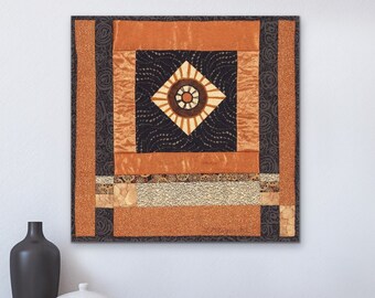 Art Quilt Wall Hanging, Modern Improv Log Cabin Quilt Art, Mandala, Torii Gate