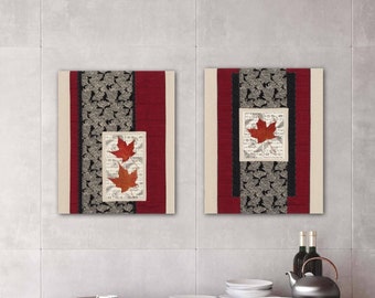 Pair of Autumn Maple Leaves Wall Hangings, Contemporary Art Quilt, Asian Scroll Design