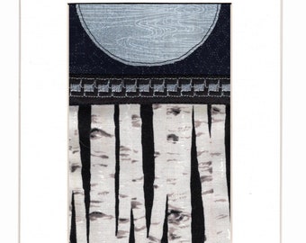 Mini Quilt Art Collage, Abstract Blue Full Moon White Birch Forest Landscape, Crazy Quilt Textile Art, Ready to Frame