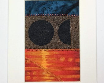 Sun Moon, Autumn Equinox, Crazy Quilt Patchwork, Mini Textile Art Collage, 7 x 5 Inch Mat Ready to Frame