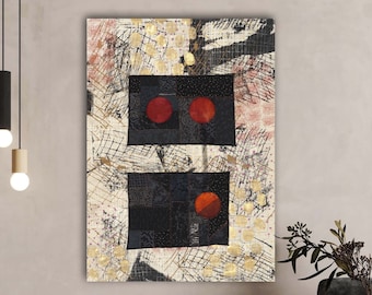 Moon Phases Wall Hanging, Abstract Expressionist, Art Quilt, Mid-Century Modern,  Embroidered, Silk Screen,  Mixed Media,