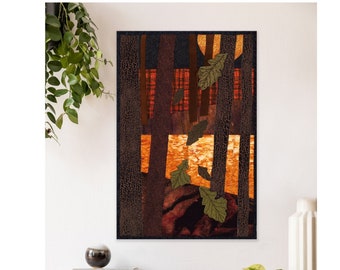 Quilt Art Wall Hanging, Autumn Sunset, River Forest, 3-D Oak Leaves, Sunset Over the River with Water Reflection