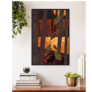 Quilt Art Wall Hanging, Autumn Sunset, River Forest, 3-D Oak Leaves, Sunset Over the River with Water Reflection Bild 1
