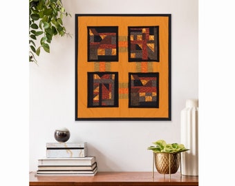 Abstract Art Quilt Wall Hanging, Modern Geometric Patchwork, Embroidered Crazy Quilt Style