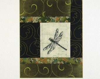 Embroidered Dragonfly Art Quilt, Asian Scroll, Log Cabin Patchwork Block, Ready to Frame