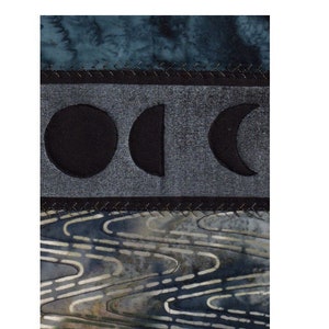 Mini Quilt Art Collage Moon Phases, Water, Blue Black, Ready to Frame image 2