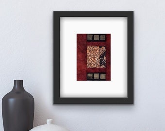 Abstract Zen Garden View, Shoji Screen, Mixed Media Collage Textile Art, Ready to Frame 10 x 8 inch