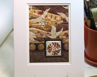 Ginkgo Crest, Asian Cranes, Autumn Landscape, Mini Quilt Art Collage, Ready to Frame, Includes 10 x 8 Inch Double Paper Mat
