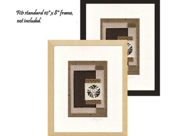 Minimal Textile Art Collage, Ginkgo Crest, Abstract Zen Sand Dry Garden, Ready to Frame, 8 x 10 inches