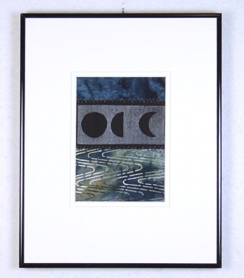 Mini Quilt Art Collage Moon Phases, Water, Blue Black, Ready to Frame 14 x 11 inches