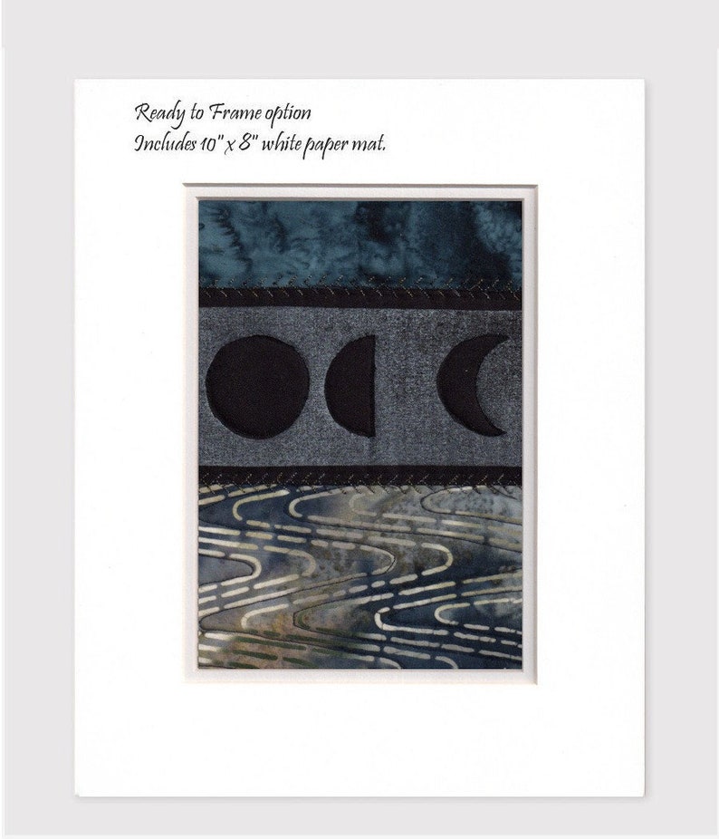 Mini Quilt Art Collage Moon Phases, Water, Blue Black, Ready to Frame 10 x 8 inches