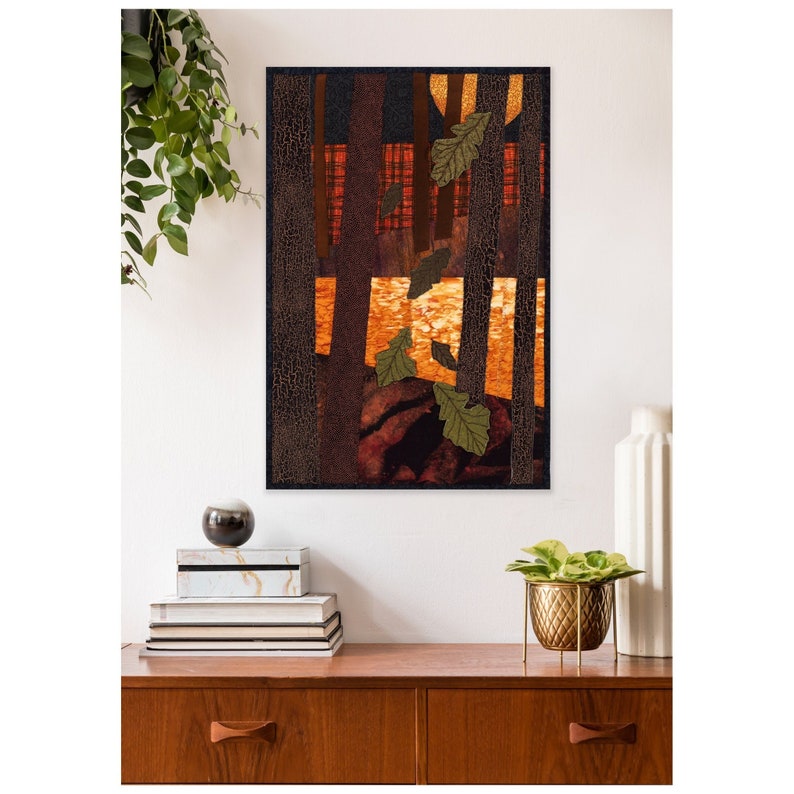 Quilt Art Wall Hanging, Autumn Sunset, River Forest, 3-D Oak Leaves, Sunset Over the River with Water Reflection Bild 1