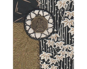 Zen Buddha Coin, Lotus Flower Bamboo Maple Leaves, Embroidered Crazy Quilt Patchwork Collage, Ready to Frame 10 x 8