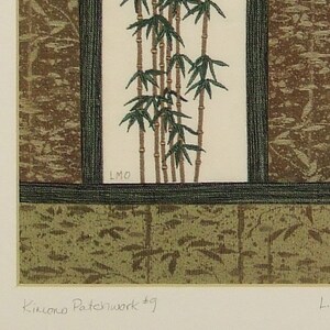 May include: A framed print of a green bamboo plant with a brown background. The print is titled "Kimono Patchwork #9" and signed "LMO".