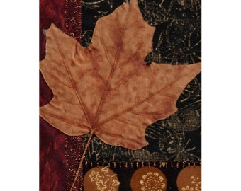 Autumn Maple Leaf, Crazy Quilt Art Patchwork, Textile Collage, Attic Window Block, Dried Pressed Maple Leaf, Ready to Frame 10 x 8 inches