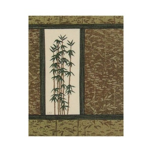May include: A framed illustration of a group of bamboo plants with green leaves and brown stalks against a white background. The frame is surrounded by a brown and green patterned border.