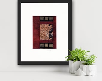Abstract Zen Garden Textile Art Collage, Shoji Screen, 10x8 Ready to Frame