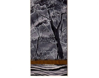 Minimalistische Winter schneebedeckte Waldlandschaft, bestickte Textilkunst Patchwork Collage, Crazy Quilt Style, Auf Bestellung