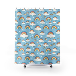 Whimsical Baby Blue Rainbow Shower Curtain - Vibrant Bathroom Decor, Kids Room, Nursery, Gift for Children, Gift for boys, Baby Shower Gift