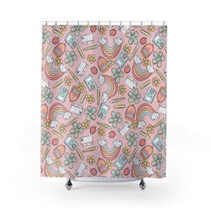 Magical School-Themed Shower Curtain, Cute Bathroom Decor, Fun Kids Room Accessory, Rainbow and Flowers Design, Colorful Gift Idea