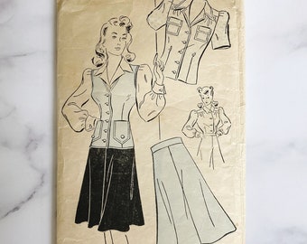 40s New York Pattern 1636. 28 bust. Unprinted. Pinup WWII Skirt blouse, vest ensemble. Collar blouse puff sleeves 40s vintage sewing pattern