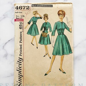 60s Simplicity 4672. 37 bust ff. front tab flare day dress hat muff. elbow sleeves rockabilly retro pinup 1950s vintage sewing pattern image 1