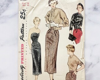 50s Simplicity 3027. 34 bust. strapless sweetheart neckline top, hat, sweater + slim midi skirt ensemble set. 1950s Vintage Sewing Pattern