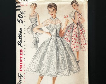 50s Simplicity 1120. 30 bust ff. full skirt fit + flare sweetheart cocktail dress + crop bolero collar jacket. 1950s Vintage Sewing Pattern