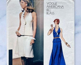 70s Vogue Americana 2866. 36 Bust ff. Bill Blass halter ruffle button blouse + knee or maxi flare skirt 2pc set 1970s Vintage Sewing Pattern