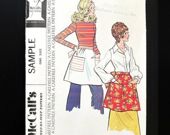 70s McCalls uncut ff Sample Back Tie Short Patch Pocket Gathered HOSTESS APRON Vintage Sewing Pattern One size factory folds
