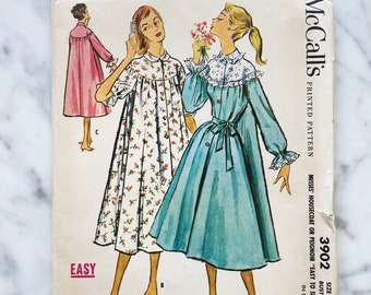 50s McCalls 3902. 34 bust uncut. Easy to Sew nightie peignoir house coat nightgown lingerie ruffle yoke collar. 1950s Vintage Sewing Pattern