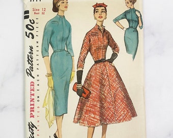 50s Simplicity 1714. 32, 36 bust uncut ff. kimono sleeve slim full skirt cocktail party day dress high neck. 1950s Vintage Sewing Pattern