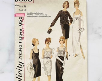 60s Simplicity 5698. 38 bust uncut ff. Slim Knee Ankle Length Lace Overlay Long Sleeve Overblouse Sheath Evening Dress Ball Gown. volup