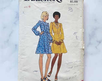 70s Butterick 3174. 31.5 bust. Jewel neck cap sleeve doll dress cottage core blouson dress with long sleeves.  1970s vintage sewing pattern