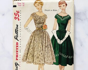 50s Simplicity 3580. 34 bust uncut ff. cap sleeve full tea midi skirt wide boat neck cocktail dress + transfer. 1950s Vintage Sewing Pattern