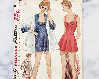50s Simplicity 4307. 32 bust. Playsuit bathing suit mini dress romper bow. retro beach coat swimsuit. pinup 1950s Vintage Sewing Pattern