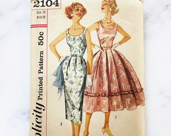 50s Simplicity 2104. 32 bust retro scoop neck cocktail party prom dress full pleated or slim wiggle midi skirt. 1950s vintage sewing pattern