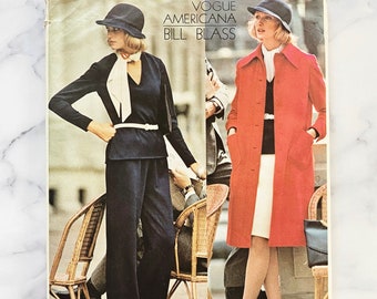 70s Vogue Americana 1014. 36 Bust UNCUT ff. Bill Blass denim knit coat, skirt, long sleeve top, wide leg pants. 1970s Vintage Sewing Pattern