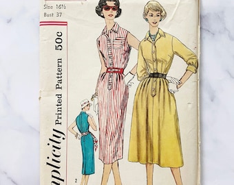 50s Simplicity 2365. 37 bust uncut ff. half size shirt dress slim or full midi skirt. Slenderette 1950s vintage sewing pattern volup plus