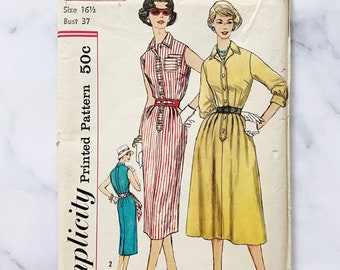 50s Simplicity 2365. 37 bust uncut ff. half size shirt dress slim or full midi skirt. Slenderette 1950s vintage sewing pattern volup plus