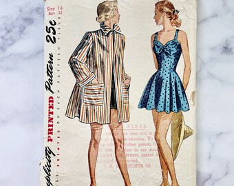 50s Simplicity 2441. 32 bust. one piece bathing suit mini dress romper bow. retro beach coat swimsuit. pinup 1950s Vintage Sewing Pattern