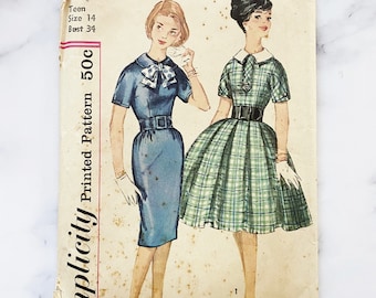 50s Simplicity 3268. 34 bust uncut ff. teen retro collar short sleeve dress full pleated or slim wiggle skirt. 1950s vintage sewing pattern