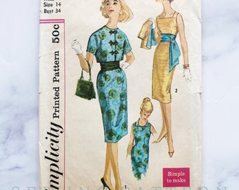 50s Simplicity 3014 34 bust. Asian frog closure crop short jacket. fitted sleeveless sheath square neck dress 1950s Vintage Sewing Pattern