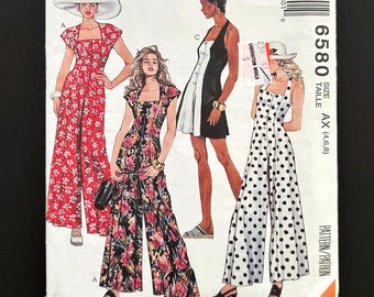 90s McCalls 6580. 4-8 31.5 bust uncut ff. halter square neck cap sleeve jumpsuit romper wide leg pants . 1990s vintage sewing pattern